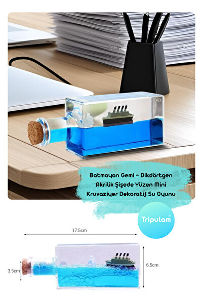 TRİPULAM Batmayan Gemi – Dikdörtgen Akrilik Şişede Yüzen Aşk Kruvaziyeri Dekoratif Su Hediyelik Fanus