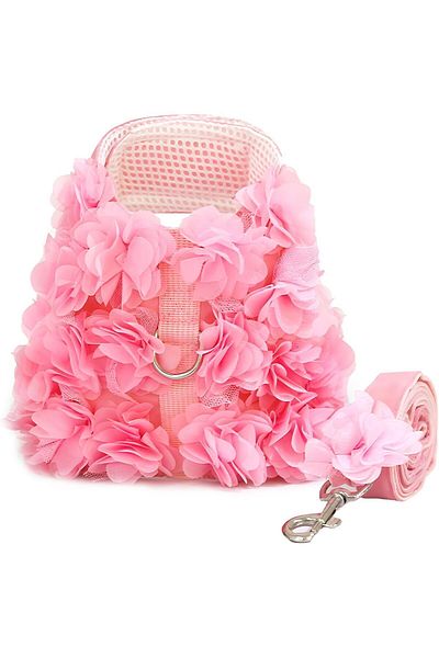 EDA LUXURY BEAUTY 2-Piece Special Dog Cat Luxury Chest Collar & Travel Outfit Set Small Breed Pink Fancy Pet Leash Set