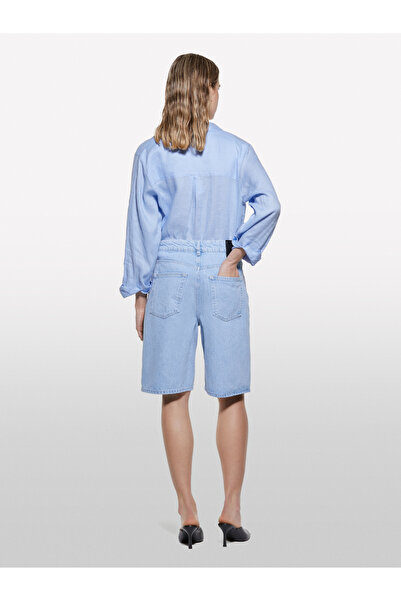 Sisley Kadın Açık Denim %100 Pamuk Düşük Bel Relax Fit Bermuda Denim Şort