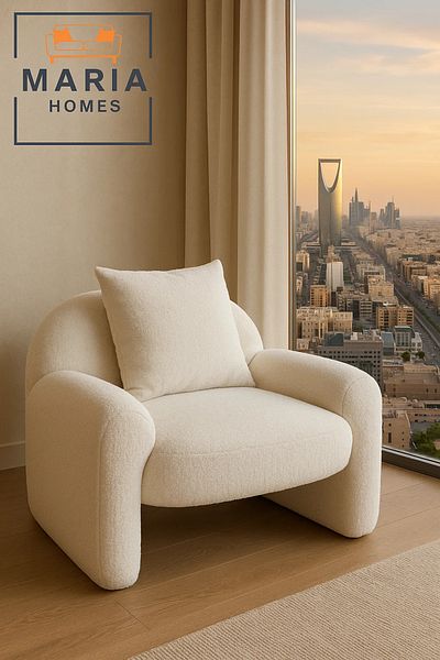 MARIA HOMES White Bouclé Accent Chair with Pillow – Modern Curved Armrest Lounge Seating