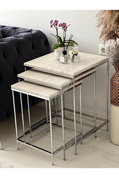 AssuCasa Brad Gümüş Metal Eskitme Beyaz Kaplama Zigon sehpa