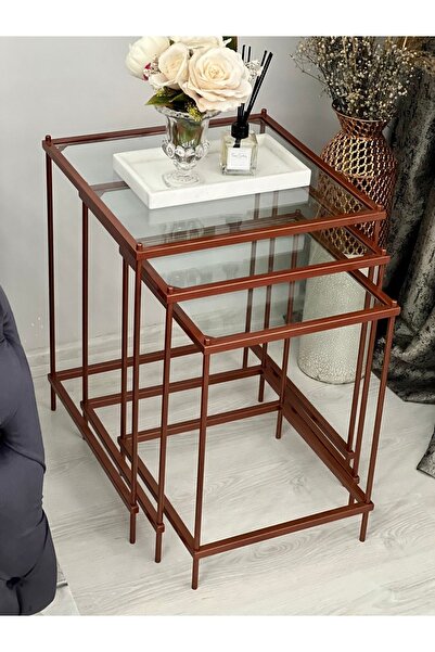 AssuCasa Brad 3'lü Metal Zigon Yan Sehpa Bakır-şeffaf