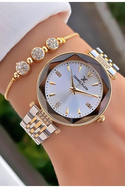 Daniel Klein Brand Yellow Silver Color Women's Wristwatch - Bracelet Gift