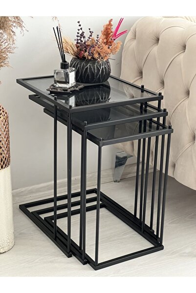 AssuCasa Brad 3'lü Metal Zigon C Sehpa Siyah-Füme