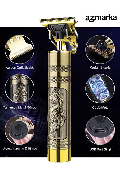 azmarka Sac Sakal T9 Tiras Makinesi Jilet Çelik Kasa Saç Sakal Ense Çizim Tıraş Makinesi