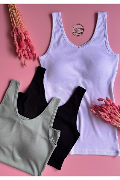 Elosia Modal Fabric 3-Pack | V-Neck - Green, Black and White - Padded Rib Women's T-Shirt-Undershirt