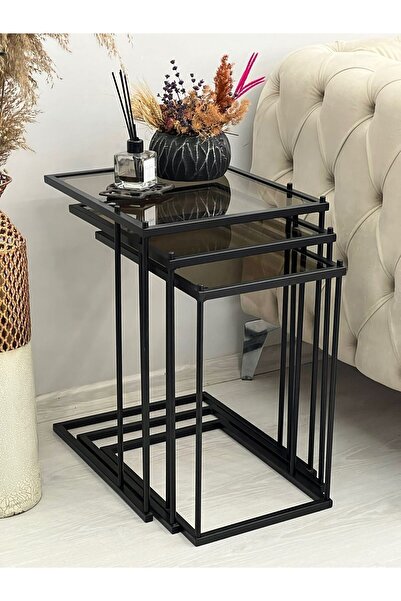 AssuCasa Brad 3'lü Metal Zigon C Sehpa Siyah-Bronz