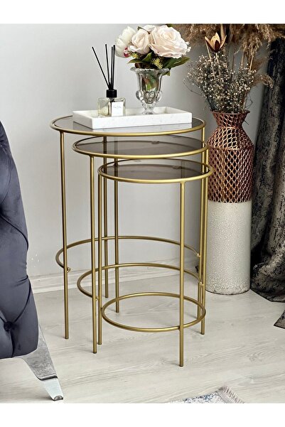 AssuCasa Mars 3'lü Yuvarlak Metal Zigon Yan Sehpa Gold-bronz