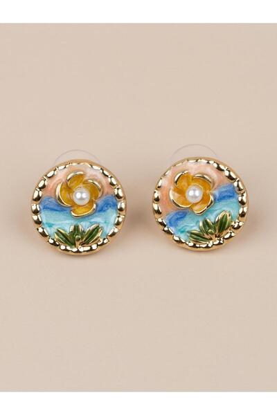 Portakal Esintisi Florencia Enamel Flower Motif Pearl Minimal Vintage Art Ear...