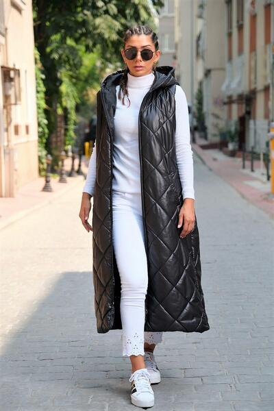 Markano Black Hooded Pocket Diamond Pattern Long Puffer Vest
