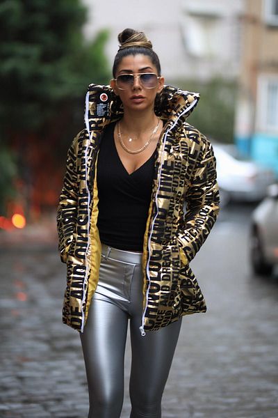 Markano Gold Stand Collar Long Shiny Puffer Jacket