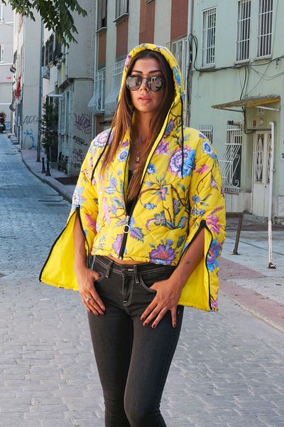 Markano Yellow Floral Hooded Short Puffer Jacket with Zippered Sleeves