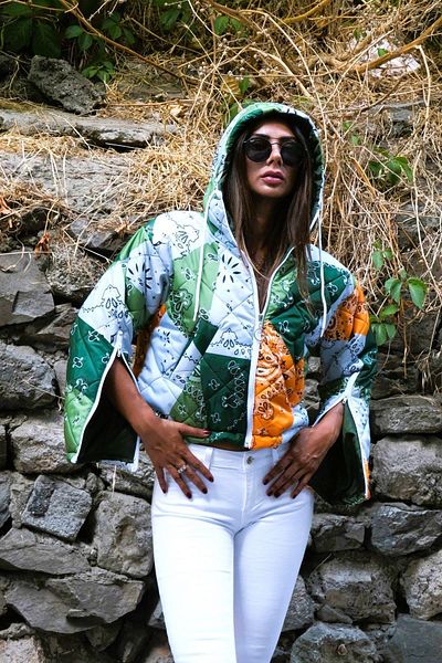 Markano Green Patterned Hooded Short Puffer Jacket with Zippered Sleeves