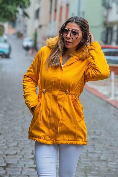 Markano Mustard Hooded Gabardine Coat with Fur Inside