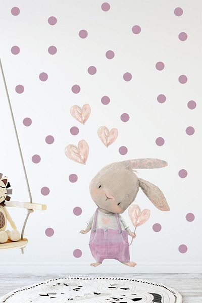 KT Decor Rabbit Pink Cute Heart Jumpsuit Girl's and Baby's Room Wall Sticker Set