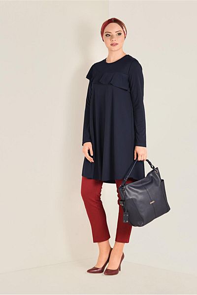 TRENDTESETTÜR Women's Navy Blue Flywheel Casual Tunic 4770