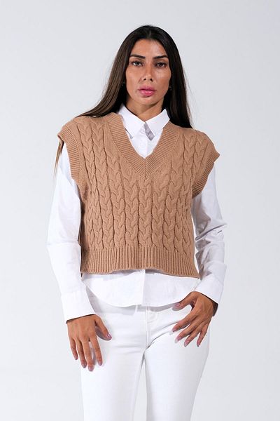 Markano Brown V-Neck Crop Hair Knitted Knitwear Sweater