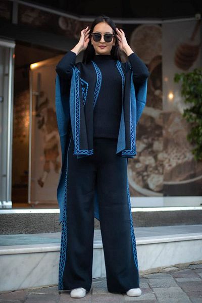 MAY MARA WOMEN'S STEEL KNITTED JACQUARD 3-PIECE SUIT WITH PONCHO