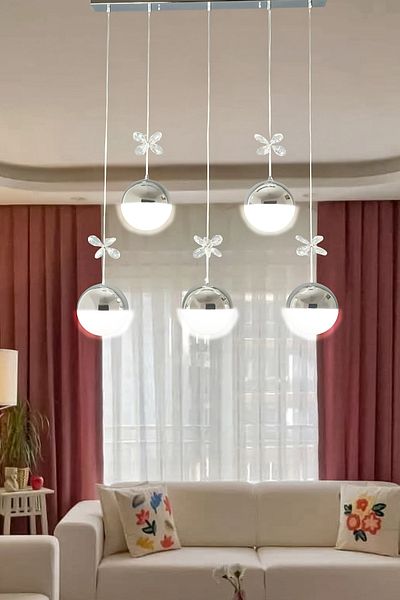 Fer Avize Berfin Modern Design Metal Cafe - Kitchen - Living Room - Chrome Color 5 Led Chandelier
