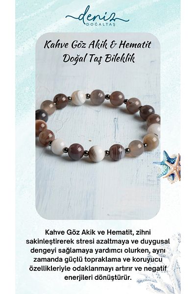 DENİZ Certified Coffee Eye Agate & Hematite Natural Stone Bracelet