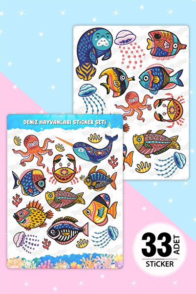 TUGİBU Deniz Canlıları Sticker Seti, Balık Ve Ahtapot Temalı Sticker Seti, 33...