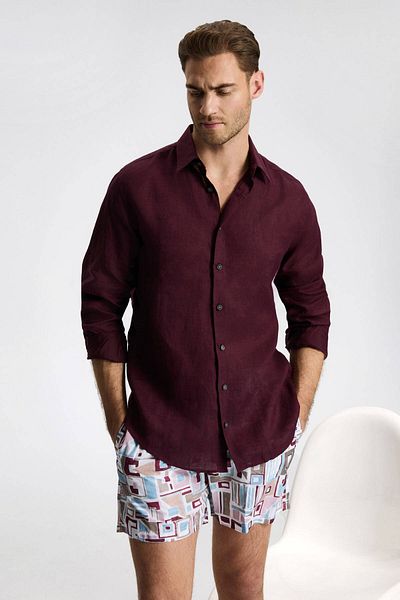 Hemington Burgundy Pure Linen Sports Shirt