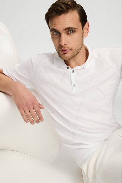 Hemington Baklava Pattern White Mercerized Cotton Knitwear Polo