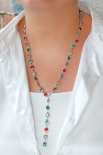 ÖZÜM TAKI Women's Colorful Stone Y Necklace Silver Color