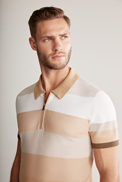Hemington Brown Striped Zippered Collar Giza Cotton Knitwear Polo