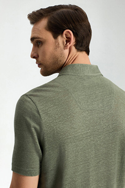 Hemington Pure Linen Khaki Polo Neck T-Shirt