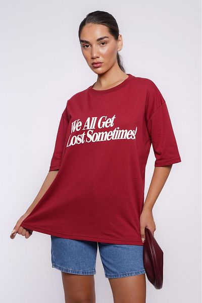 Madmext Burgundy Printed Oversize T-Shirt Mg1532