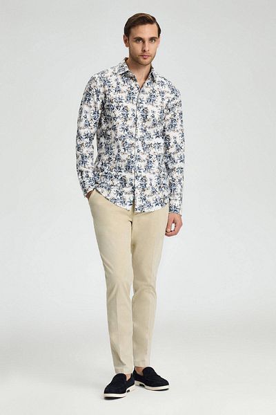 Hemington Flower Pattern Hidden Button Navy Blue Pure Cotton Shirt