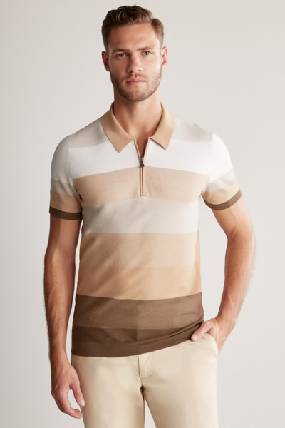 Hemington Brown Striped Zippered Collar Giza Cotton Knitwear Polo