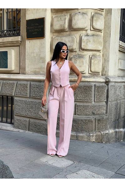 LB Laluna Butik Set de damă din in roz, vestă și pantaloni palazzo