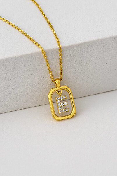 Gimora Harf Kolye Frame Taşlı E Harfi Gümüş Kolye