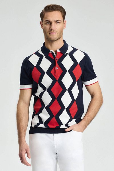 Hemington Navy Blue Red Diamond Pattern Knitwear Polo