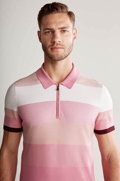 Hemington Pink Striped Zippered Collar Mercerized Cotton Knitwear Polo