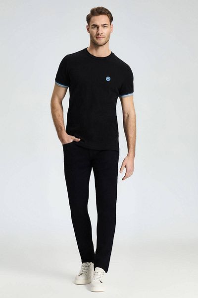 Hemington Pique Knit Black Crew-Neck T-Shirt with Embroidery Logo