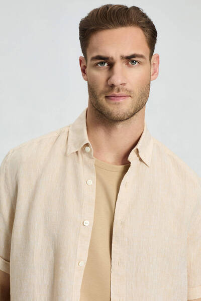 Hemington Saf Keten Kısa Kollu Kum Rengi Gömlek