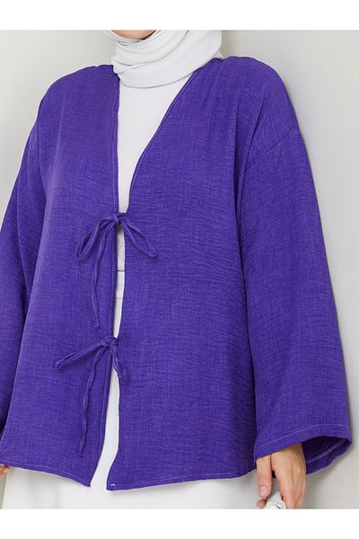 exxitcollection Women's Hijab Linen Tie Front 2 Lace Modern Stylish Skirt Top Lilac Purple Kimono Shirt