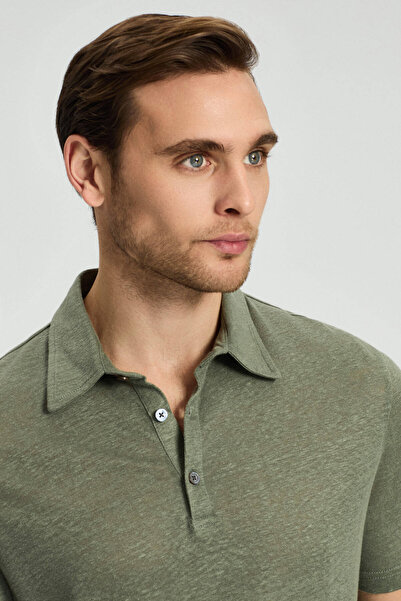 Hemington Pure Linen Khaki Polo Neck T-Shirt