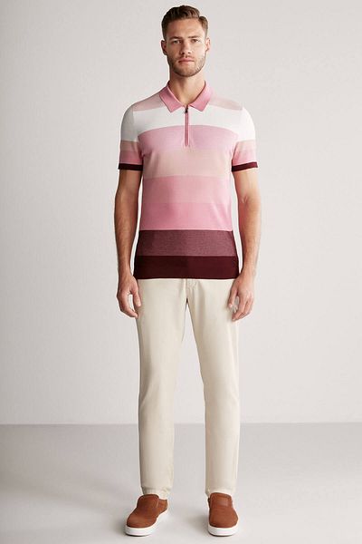 Hemington Pink Striped Zippered Collar Mercerized Cotton Knitwear Polo