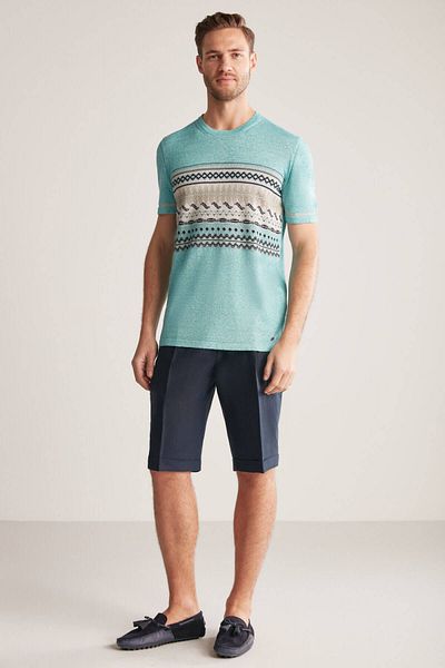 Hemington Linen Cotton Blend Ethnic Pattern Blue Knitwear T-Shirt