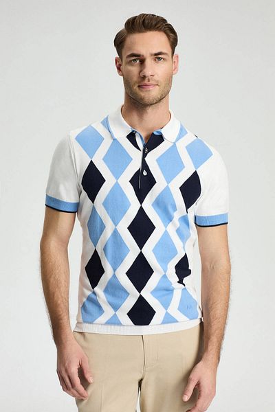 Hemington Blue White Diamond Pattern Knitwear Polo