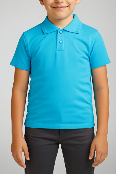 FATELLA Unisex Children's Polo Neck Short Sleeve Turquoise School Combed Cott...