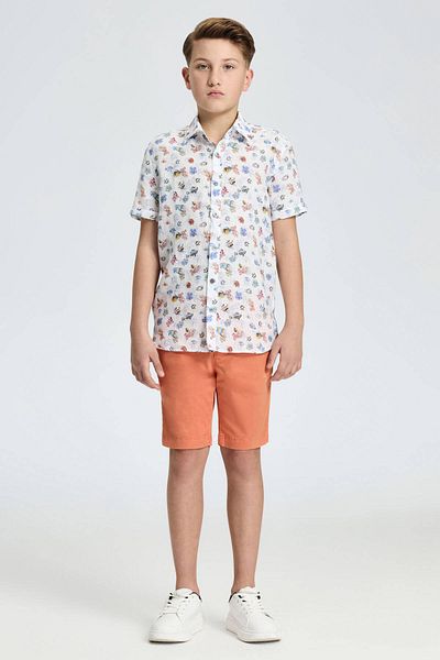 Hemington Fish Pattern Pure Linen White Short Sleeve Children's Shirt