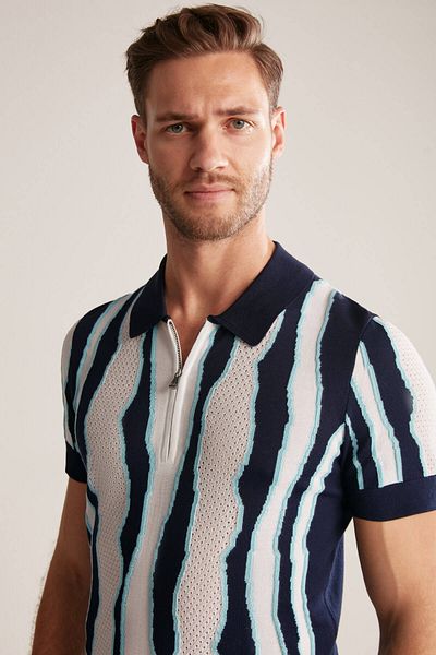 Hemington Navy Blue Mercerized Cotton Knitwear Polo with Stripe Detail