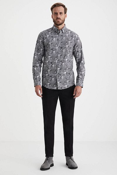 Hemington Ethnic Patterned Black and White Pure Cotton Shirt