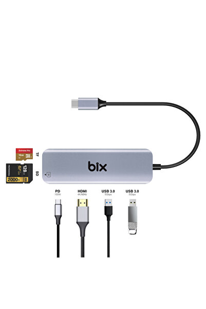 Bix Bx09hb Type-c To 2*usb 3.0 4k Hdmı Pd 100w Sd Ve Micro Sd Kart Okuyucu Çoklayıcı Hub