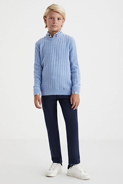 Hemington Saç Örgü Desenli Lambswool Buz Mavisi Çocuk Kazak